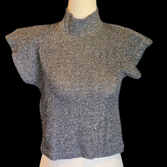 European Club Top Shirt Womens Medium Silver Stretchy Y2K Keyhole Cropped Shiny - Picture 1 of 12